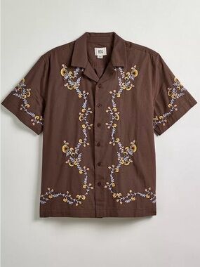 BDG UO Eli Embroidered Shirt Brown Floral Cotton Poplin Men’s S